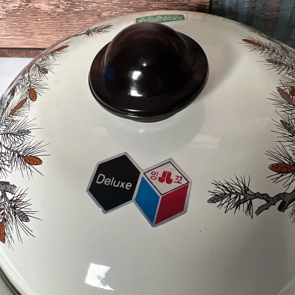 Vintage Enamel Cooking Bean Pots‎ With Lids Douglas Fir Pine Cone Design